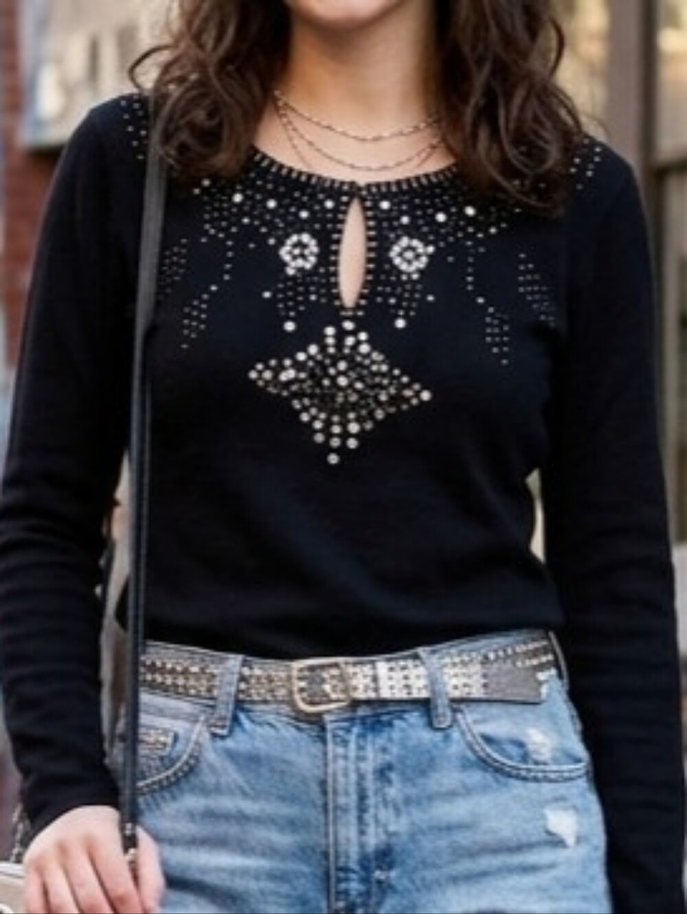 Allison Brittney Vintage Y2K Black Beaded Sequin Top Small Hook Closure